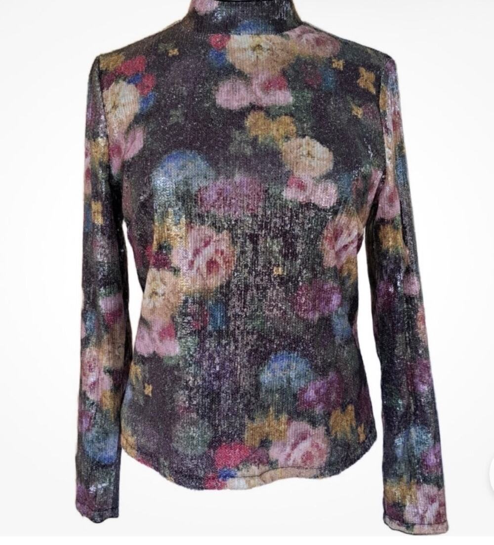 Nicole Miller Floral Sequin Mock Neck Long Sleeve Top Size M